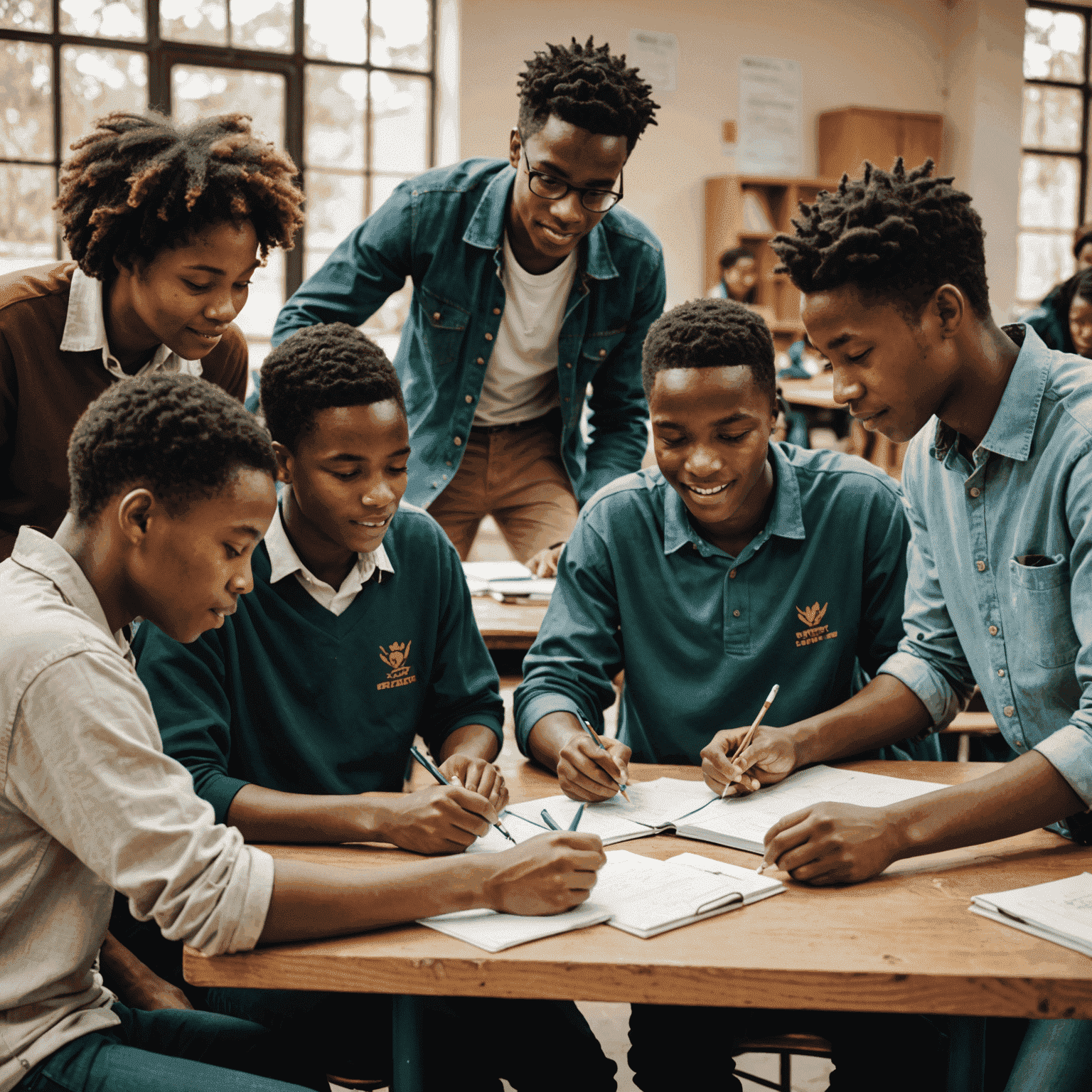 A diverse group of South African students collaborating on a project, showcasing peer tutoring and mentorship in action
