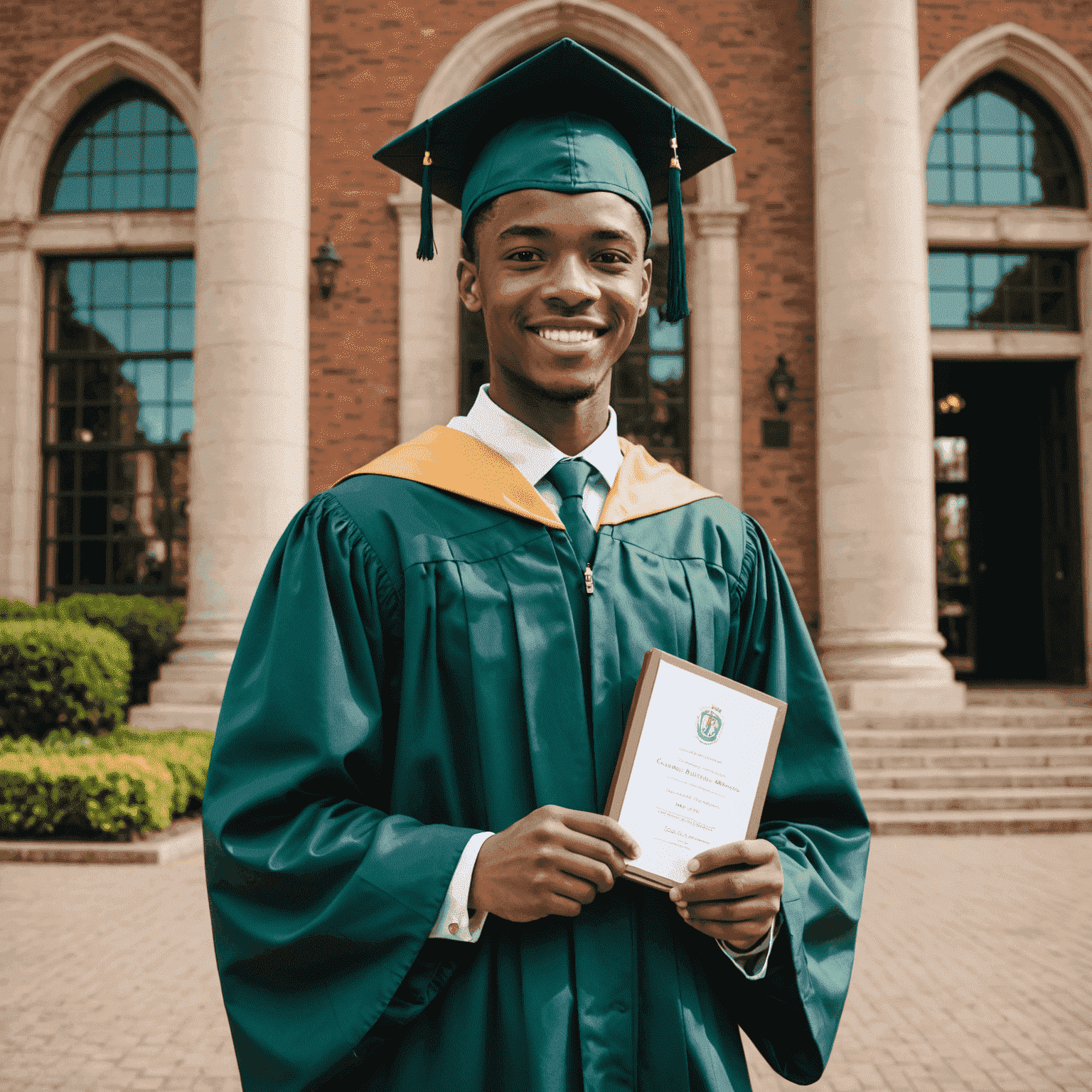 A beaming South African student wearing a graduation gown and cap, holding a diploma, standing in front of a university building