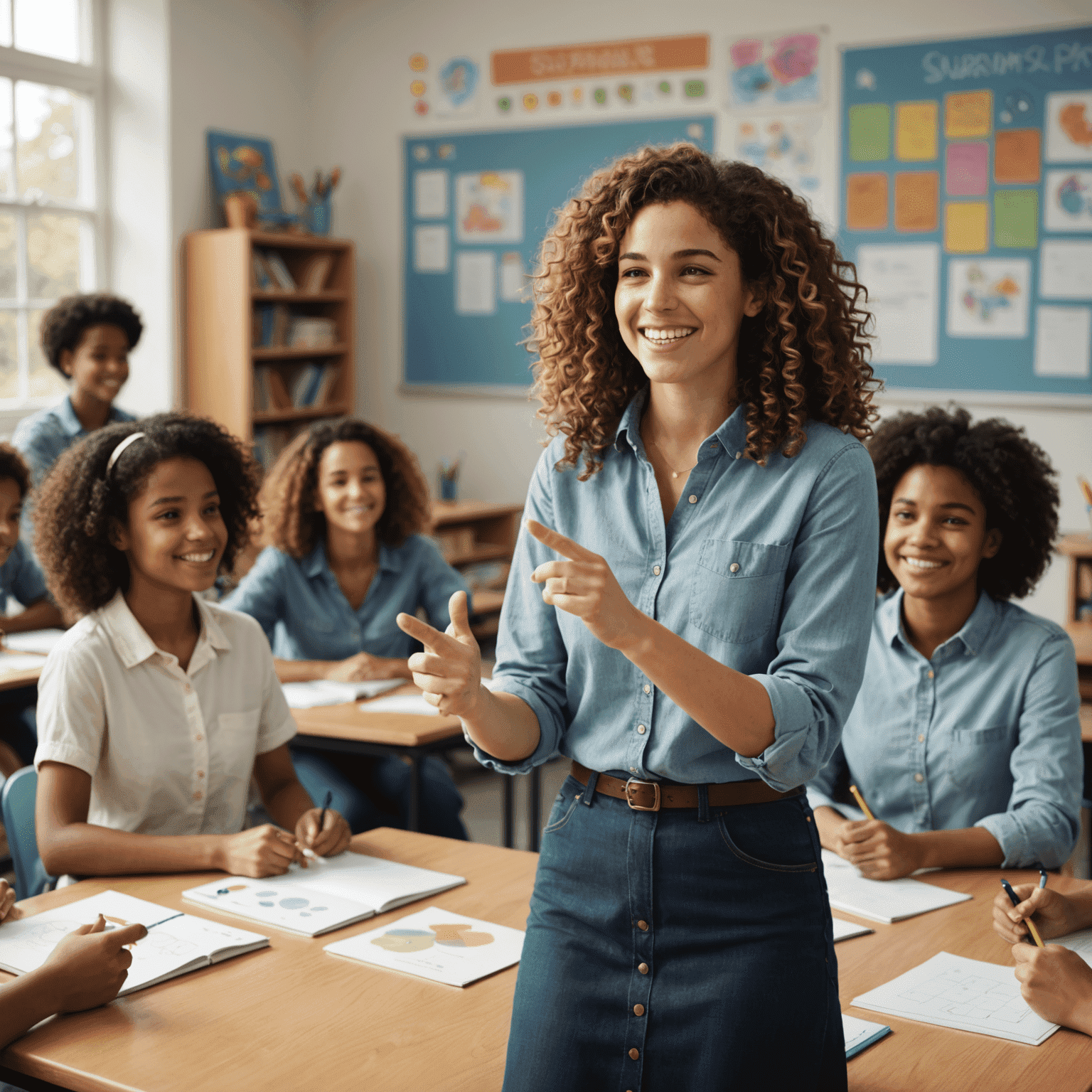 Sarah, a young female mentor with curly hair, smiling and gesturing while explaining a concept to a group of attentive students in a bright classroom setting
