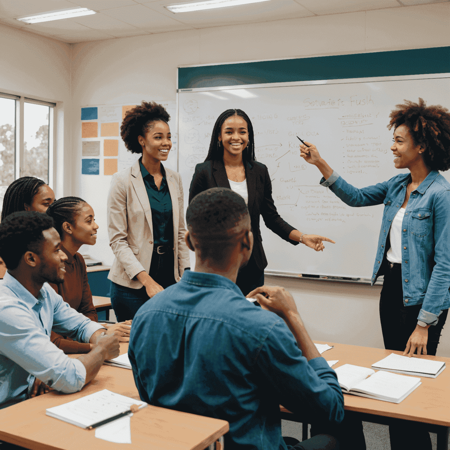 A diverse group of South African students engaging with mentors in a bright, modern classroom setting. The mentors are pointing at a whiteboard filled with career paths and academic goals.