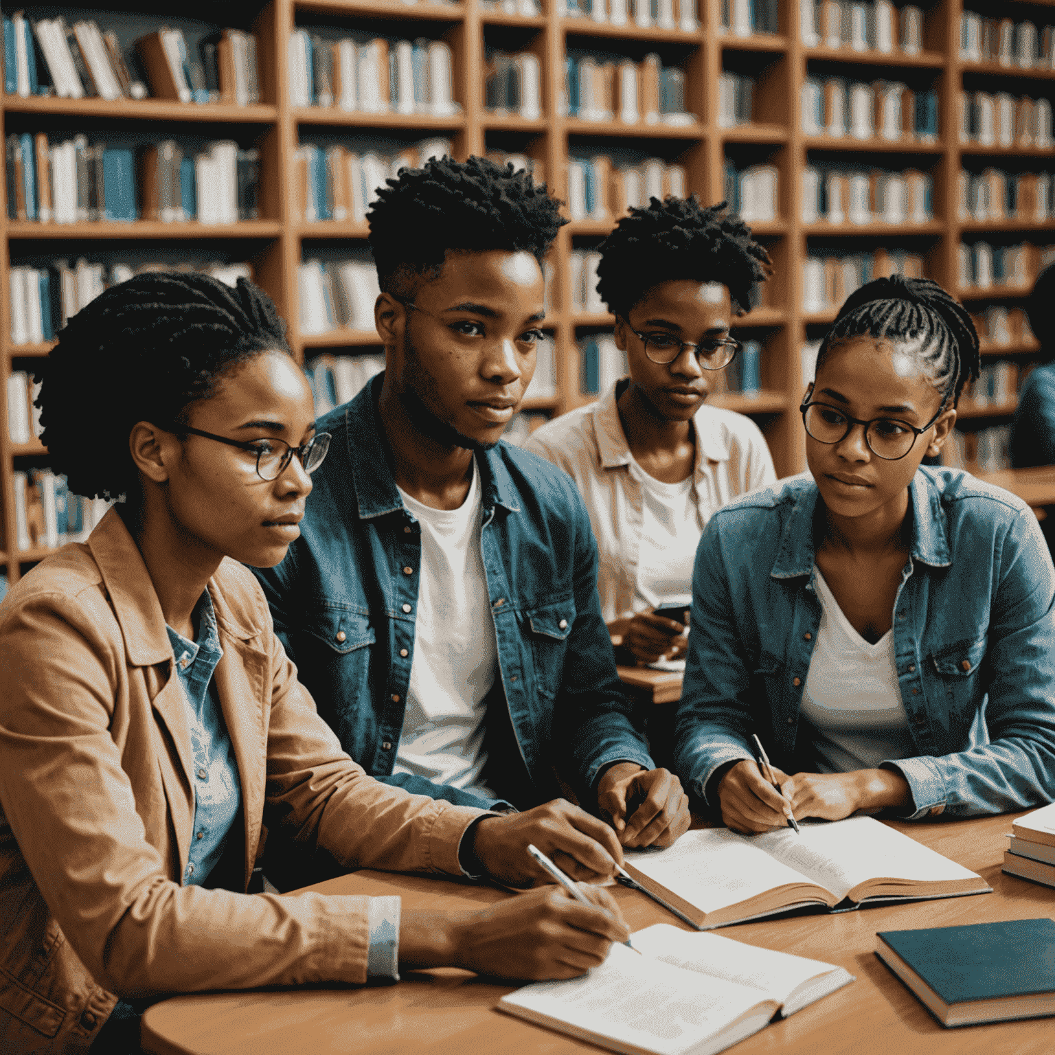 A diverse group of South African students studying together in a modern library, surrounded by books and digital resources