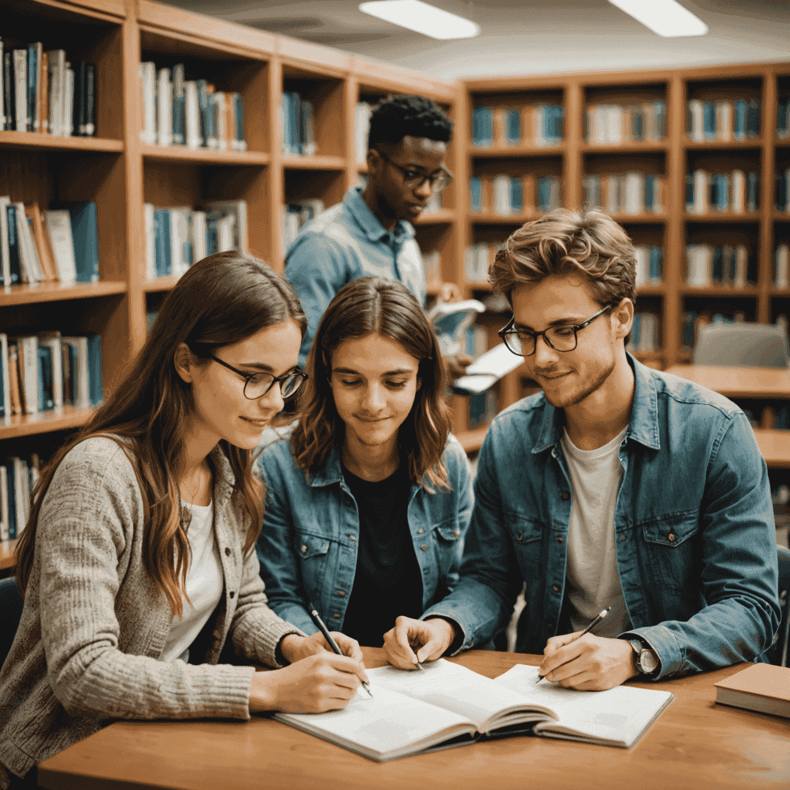 Students studying together in a library, sharing notes and discussing study techniques