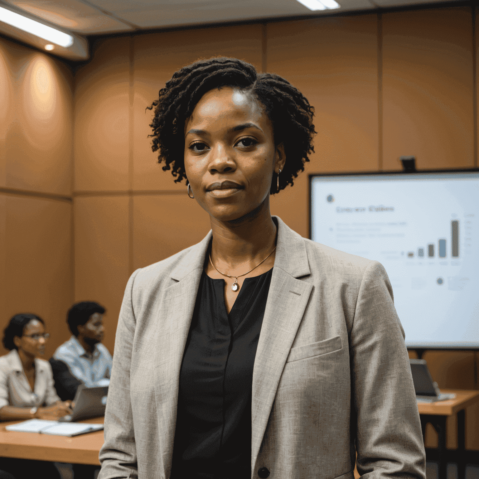 A confident young South African woman presenting her research at an academic conference, standing at a podium with a PowerPoint slide visible behind her