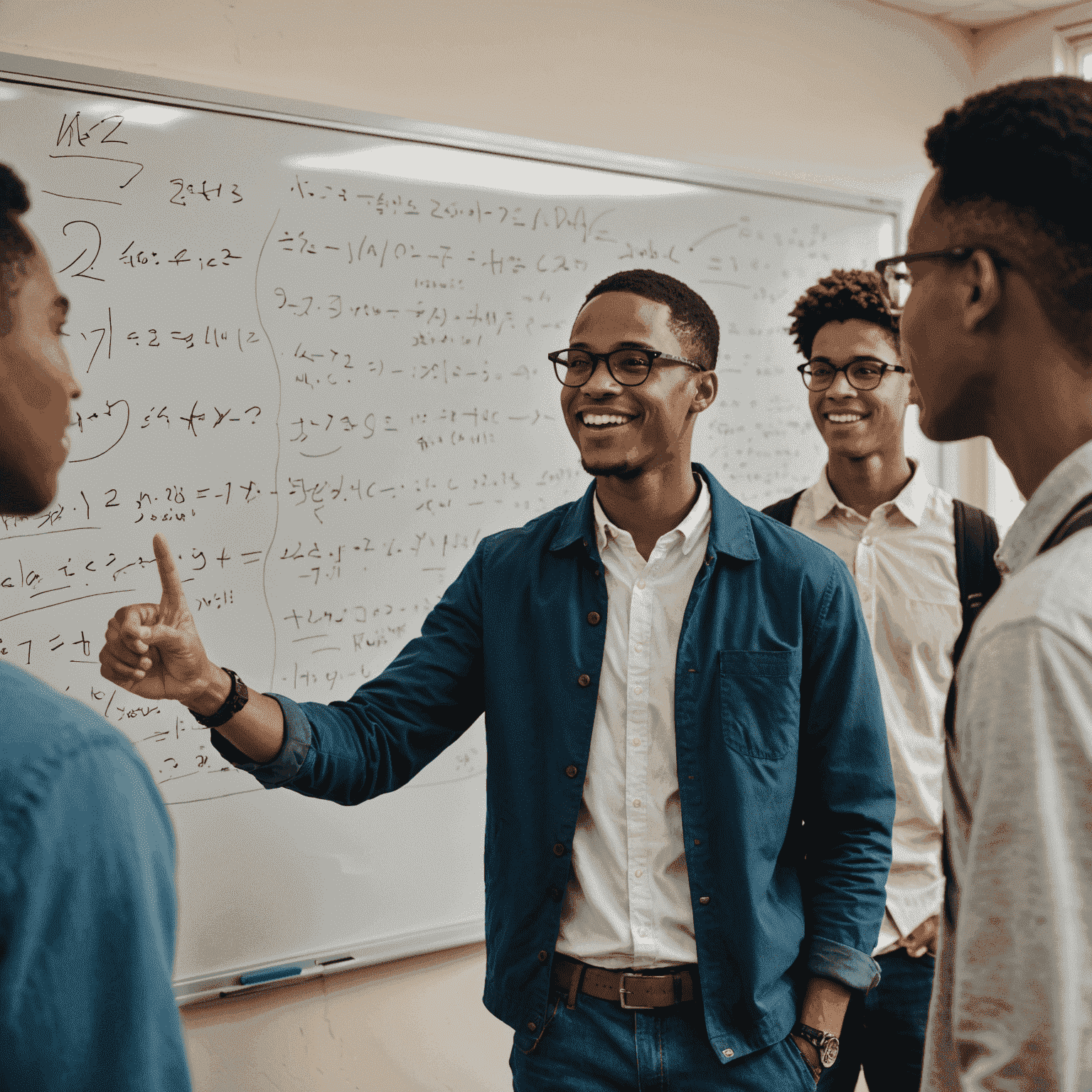 Thabo, a young male mentor wearing glasses, enthusiastically pointing at a whiteboard filled with mathematical equations, surrounded by engaged high school students