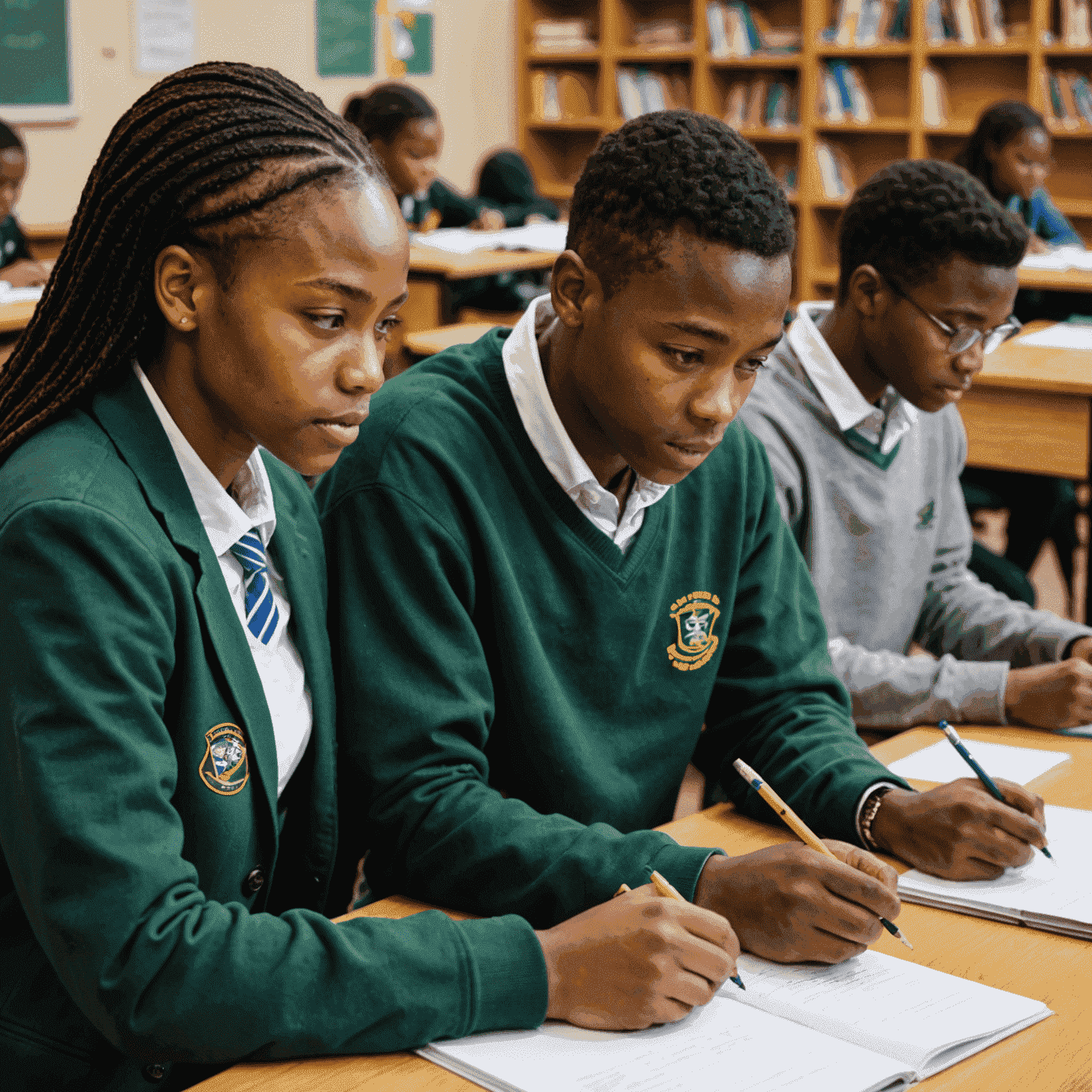 South African students engaged in a peer tutoring session, collaborating on academic tasks