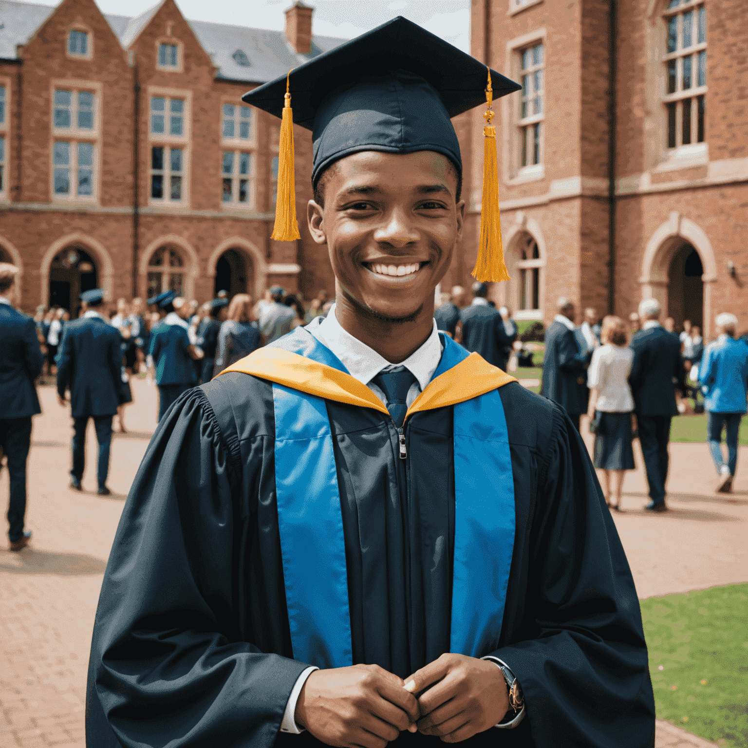 A smiling South African student in a graduation gown, standing next to their proud mentor. The background shows a university campus.