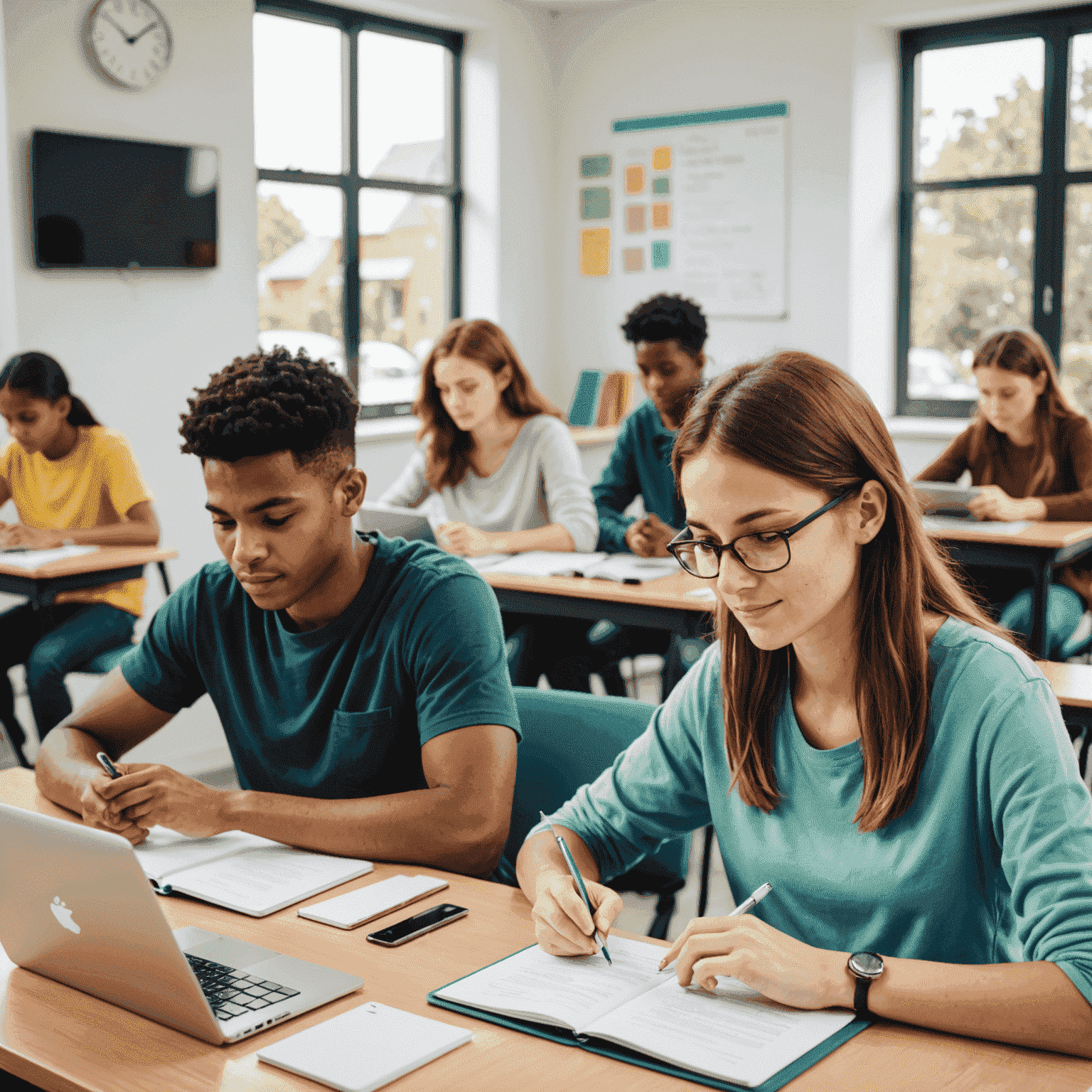 Students taking online practice tests on tablets and computers in a bright, modern classroom setting