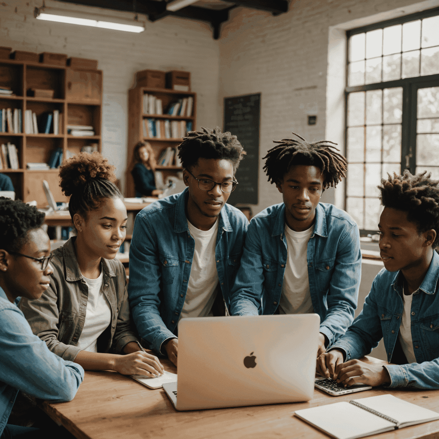 Group of diverse South African students collaborating in a workshop setting, using laptops and discussing ideas