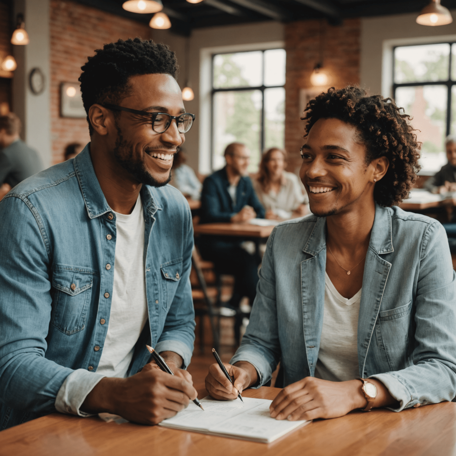 A mentor and mentee having a discussion in a casual setting, both smiling and engaged