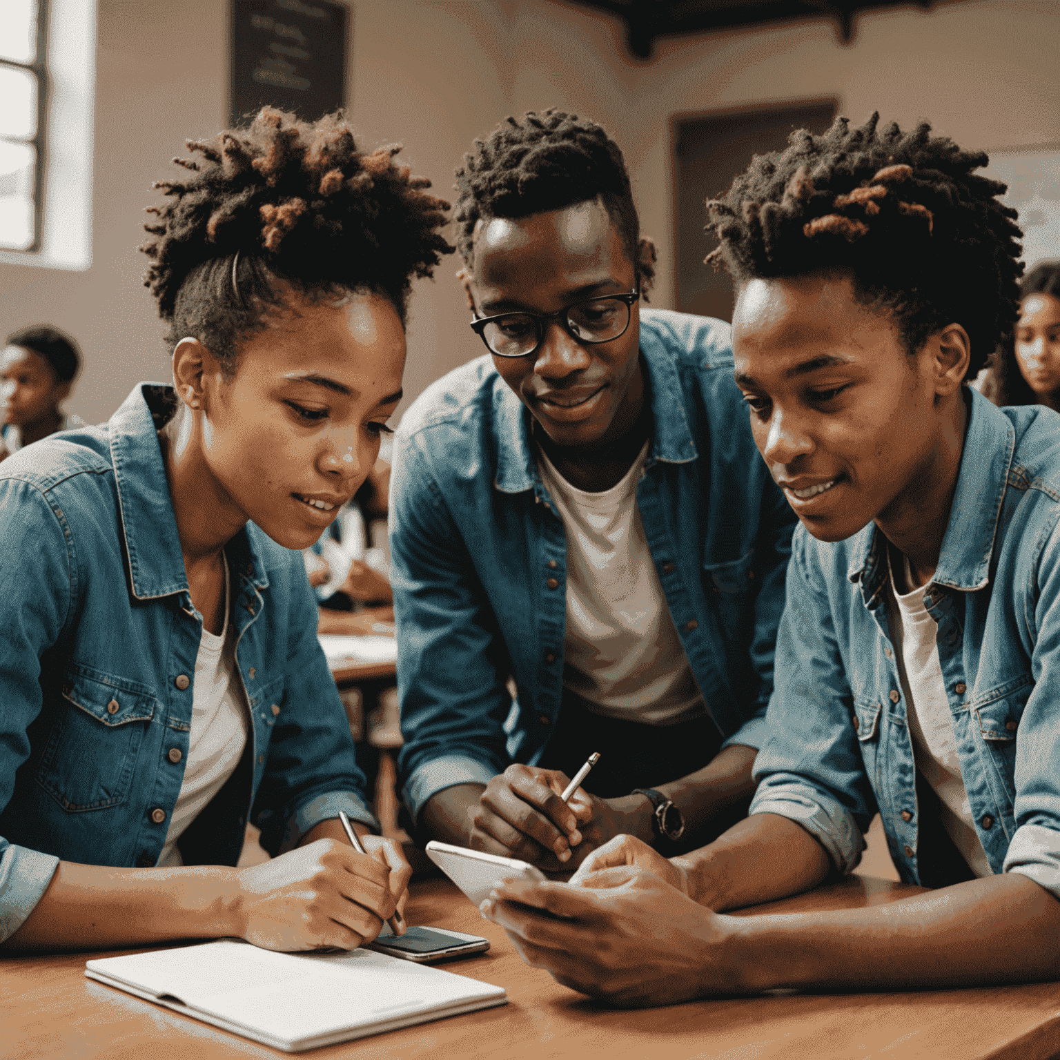 A group of diverse South African students gathered around a digital device, engaged in learning about the latest educational developments