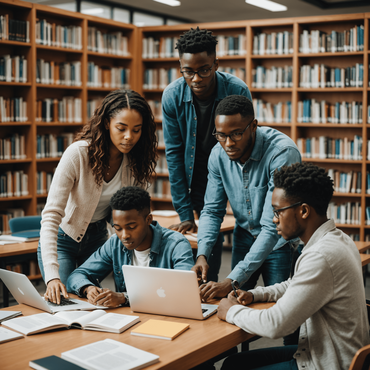 A diverse group of South African students working together on a project in a modern library setting, with laptops and books spread out on the table