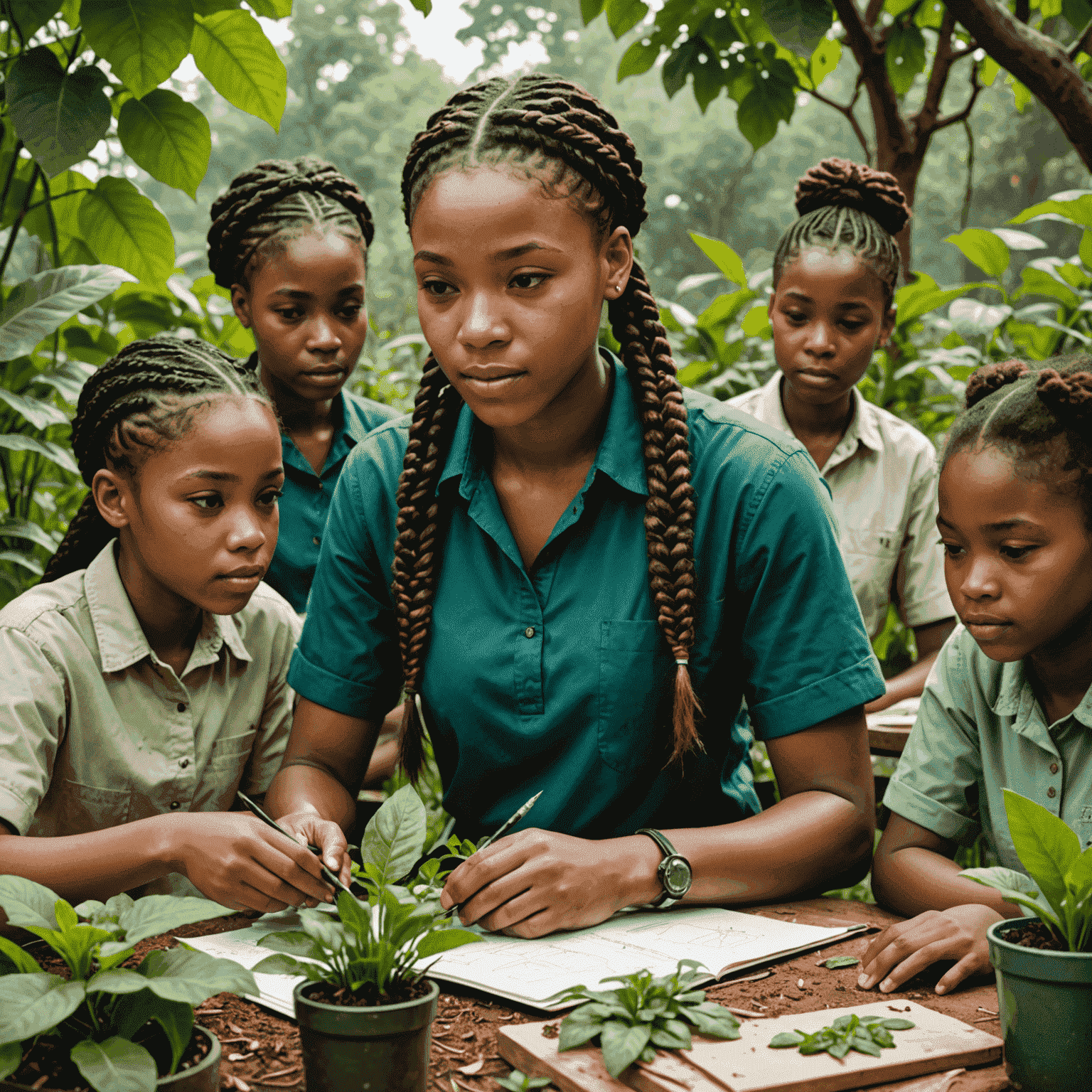 Zinhle, a young female mentor with braids, leading an outdoor biology class, showing students how to examine plant specimens in a lush garden setting