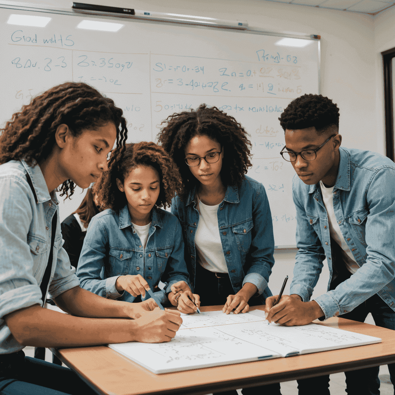 A diverse group of students collaborating on a complex math problem on a whiteboard