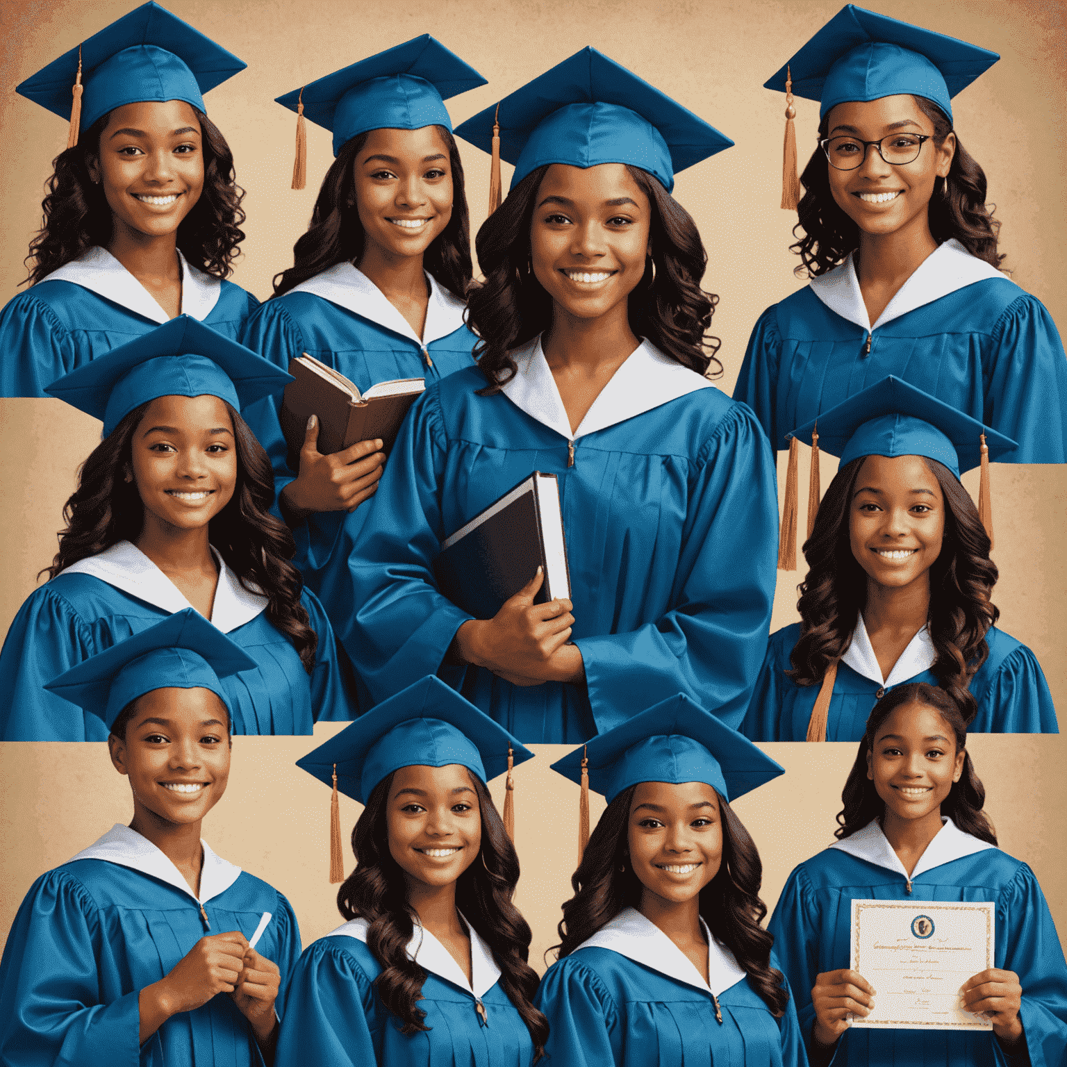 A collage of smiling hatente_click students in graduation gowns, holding certificates and trophies