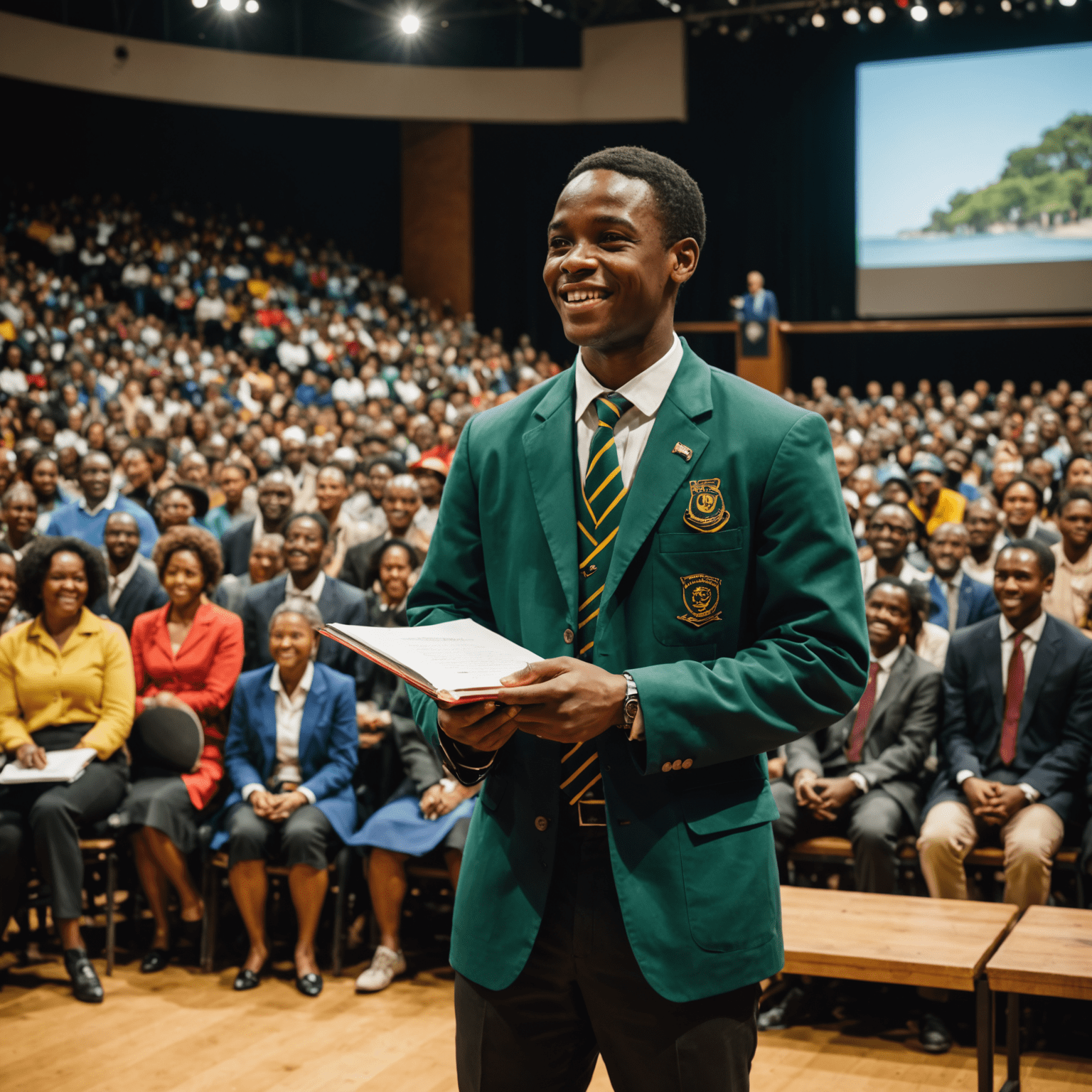 A proud South African student receiving an academic achievement award on stage, with a large audience applauding in the background