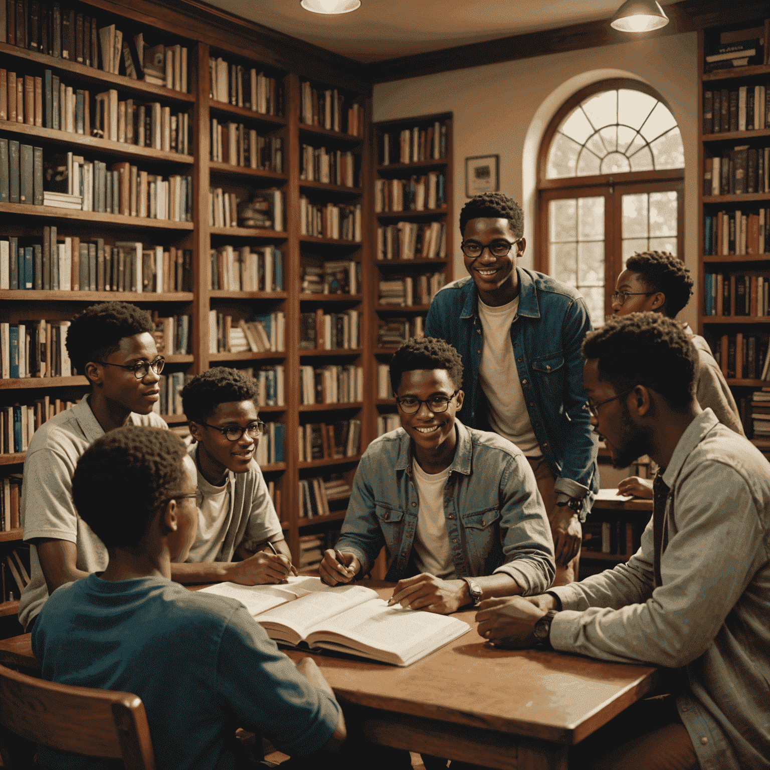 Lwazi, a young male mentor, animatedly discussing literature with a diverse group of students in a cozy library setting, surrounded by bookshelves