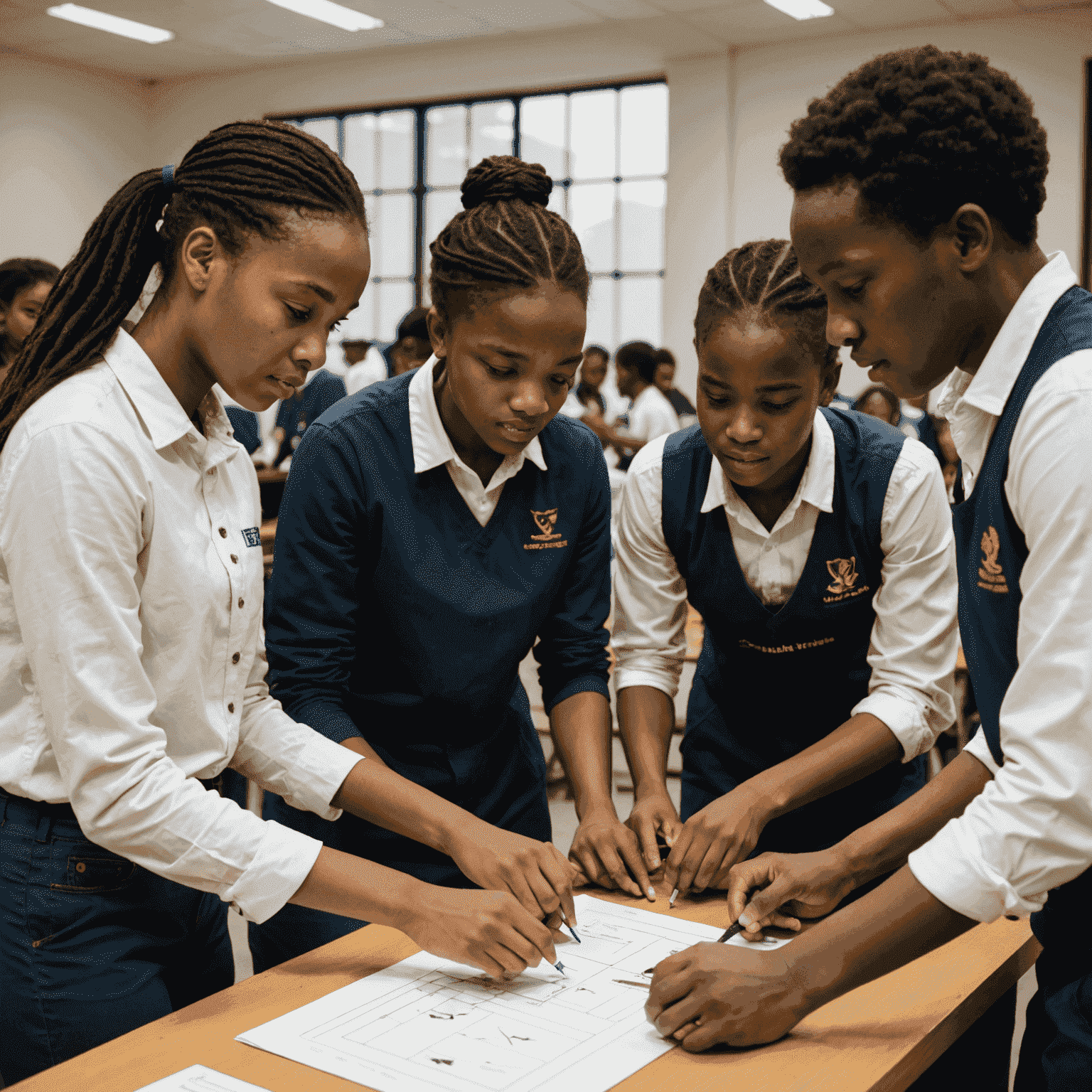 Interactive workshop scene with South African students participating in hands-on activities