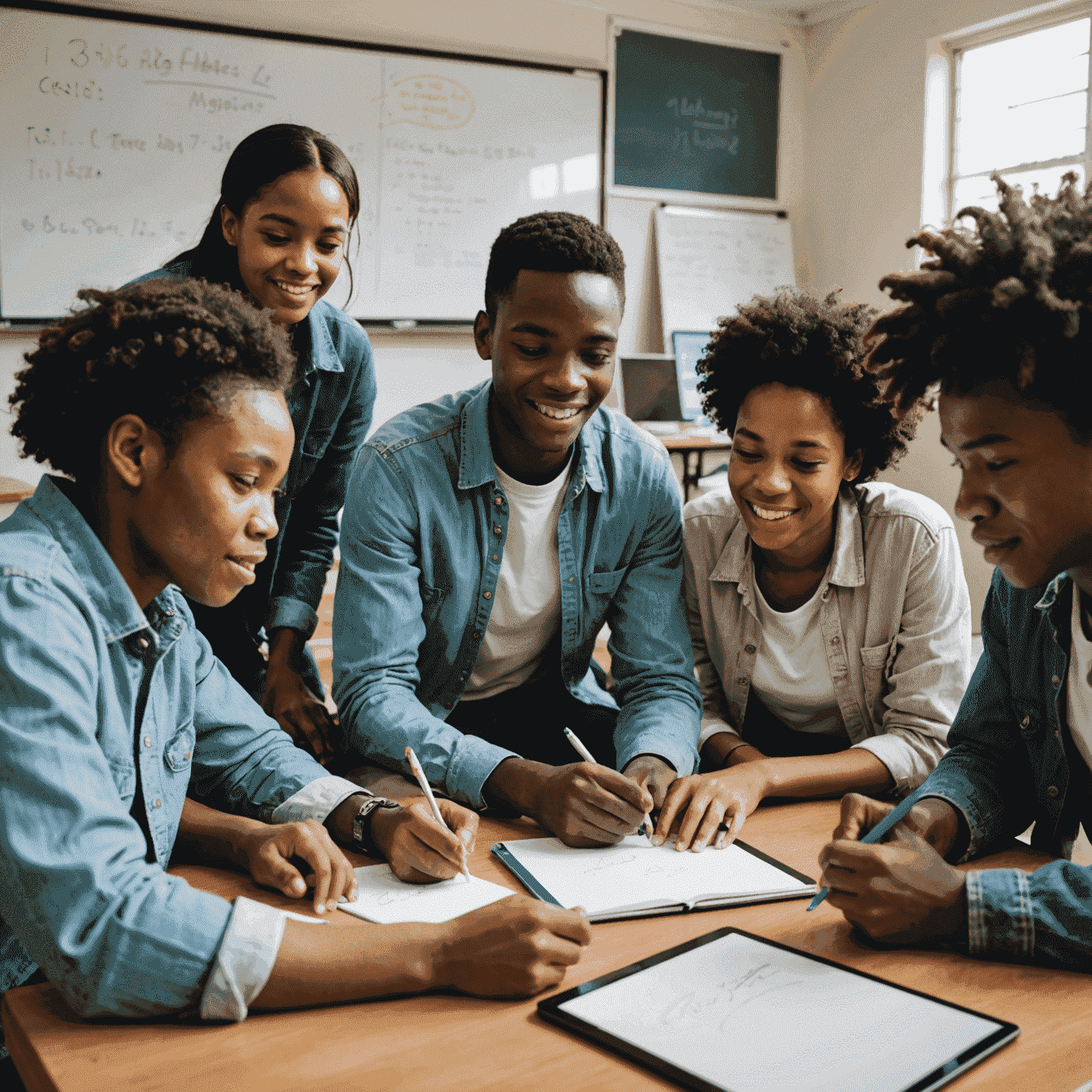 A group of diverse South African students engaged in a peer tutoring session, using digital tablets and whiteboards