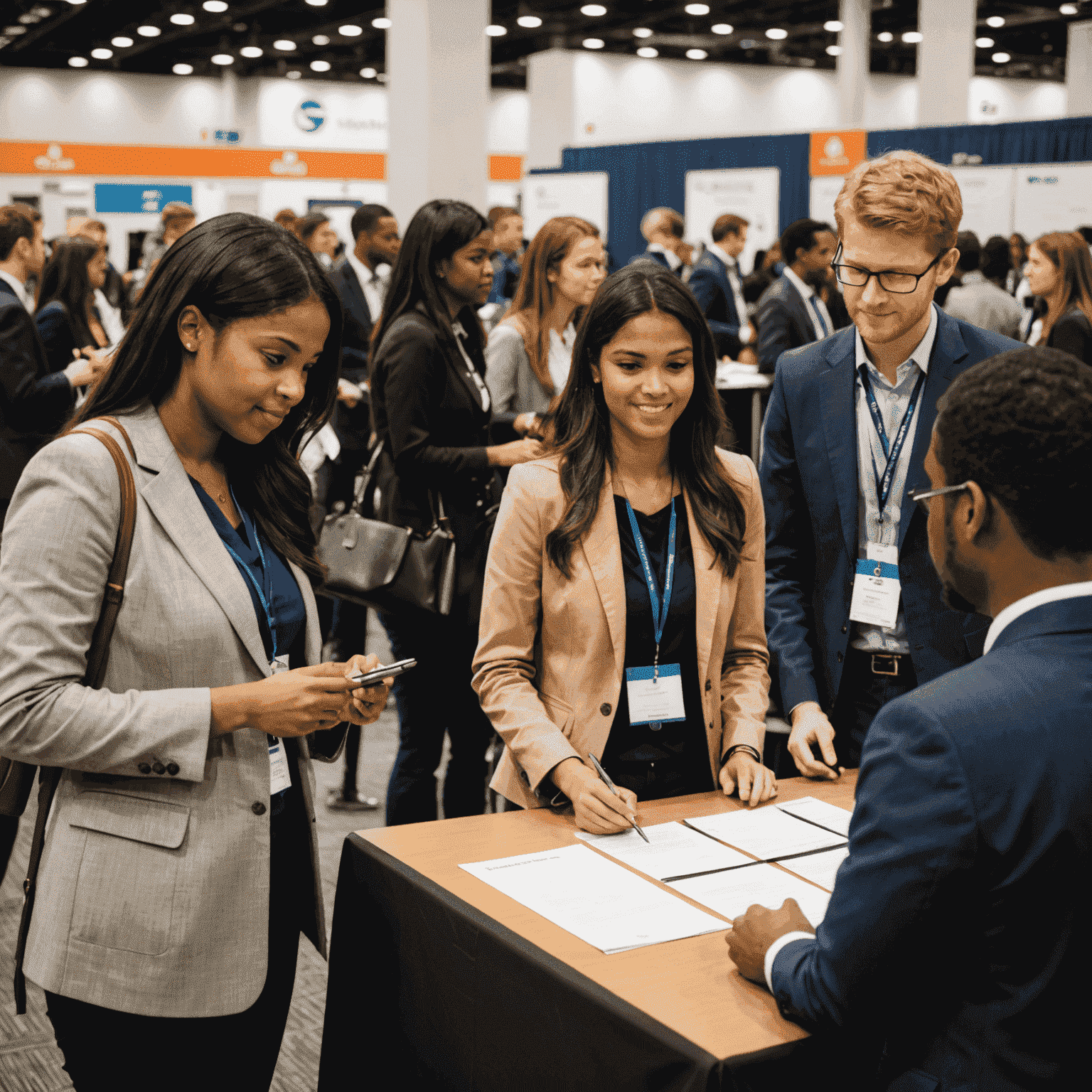 A career fair with students interacting with professionals from various industries
